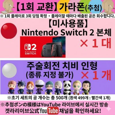 【Garapon - 1 Play Exchange / 3 Spins Guaranteed】★Red★【Unused / New】Nintendo Switch 2 Console ★White★ Jujutsu Kaisen Chibi Plushie (Design specified NOT possible)